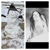 Made snowman that looks like woman from scary stories to tell in the dark