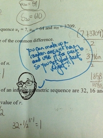 math teacher has a rubber stamp of his own face that he uses to grade tests