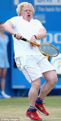 Mayor of London Boris Johnson trying to play tennis