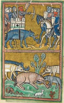 Medieval painting of elephants from a guy who clearly never saw an elephant