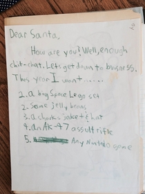 Mom busted out a box of old santa letters today- looks like my career as a smartass began at a young age