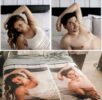 Mom photographed a boudoir session the groom secretly recreated the photos On the wedding day bride began sending him flirty picsand he would send the same photo back of himself Fast forward to today he got this blanket made as a Christmukkah gift for her