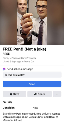 Mormon Missionaries getting creative Free pen with delivery Comes with a message about Jesus Christ 
