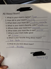 My almost  year old sons Mothers day survey from daycare