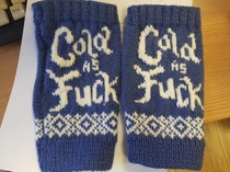My bosss wife knitted him these gloves