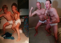 My brother and I recreated a childhood photo The hair has migrated