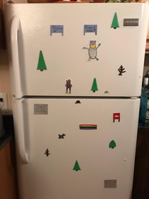 My brother decorated his fridge for the holidays