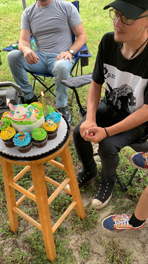 My brother receiving his cake on his th birthday