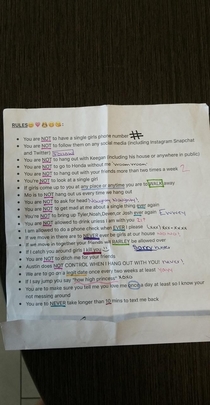 My buddys girlfriends new rules for him
