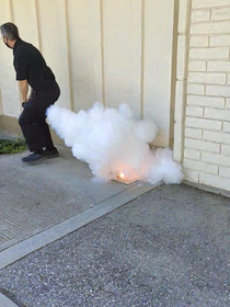 My chemistry teacher was walking away from the smoke during an experiment