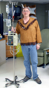 My chemo costume Day  of the past  in the infusion center Im Chemo Sabe and my IV pole is Polcohontas