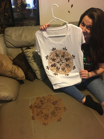 My cousin stained her couch and decided to stencil paint it to divert attentionwe made her this shirt for Xmas