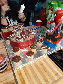 My cousins birthday was today and he likes spiderman we tried to make it looked like he was shooting webs but it looks like something else