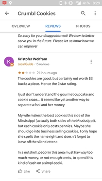 My dads review of the local Cookie Shop
