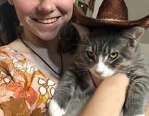 My daughter bought the cat a new hat at Goodwill Hes so excited