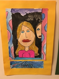 My daughter drew her little brother photobombing her art class self portrait