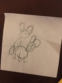 My daughter  year old was excited to show me her picture of bunnies she drew at school