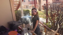 My daughter yells through the sliding glass door Daddy the smoke doesnt bother me anymore Now I can help cook