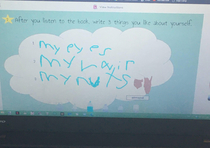 My daughters response on her assignment for things she likes about herself