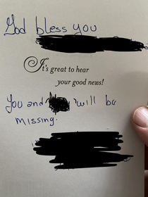 My farewell card vaguely threatens me and my SO