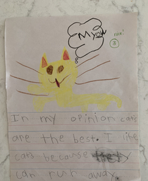 My five year old brought this home from school I hate cats but I respect it