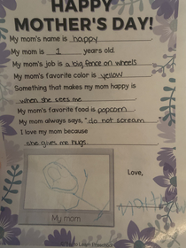 My four year old just gave me this for Mothers Day  everything is totally true