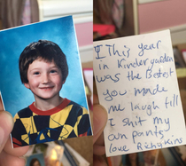 My friend found a photo I gave her in kindergarten My older brother helped me write the note 
