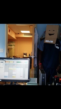 My friend getting ready to scare his boss