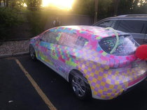 My friend got married today and his car got covered in sticky notes and plastic wrap Kudos to the artist and his skills