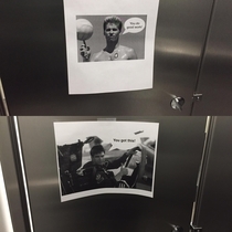 My friend hung these up at work on the inside of the bathroom stalls