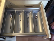 My friend lives alone His cutlery drawer