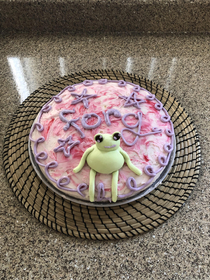 My friend really wanted a Forg cake for her birthday This was our final result