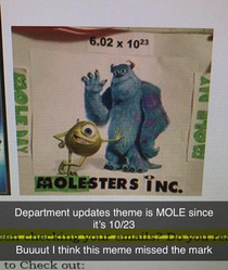 My friend sent me this - her workplace has a daily newsletter that goes out Whoever put together todays is a Pixar fan AND decided Mole Day in honor of the unit of measurement should be the theme