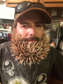 My friend stuck  toothpicks in his beard