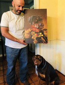 My friends birthday gift to her husband a fantastic painting of their Derperman Pinscher
