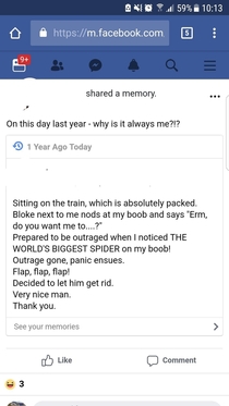 My friends FB status was recalled today Its got spiders and boobs like all the best stories do