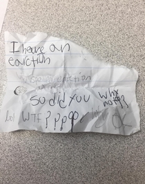 My girlfriend is a teacher and she caught her students passing a note Here it is