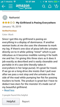My girlfriend is peeing everywhere in a display of dominance  - Shewee review I found on Amazon