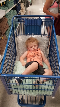 My girlfriends kids was sleeping when we got to the store so I thought Id make him a bed