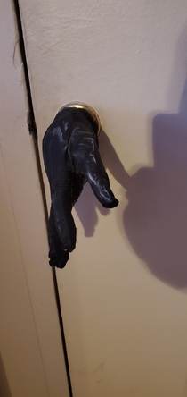 My glove drying off wants to shake your hand You could say that my door knob was handy