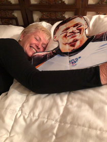 My Grandma has had a crush on Tom Brady for forever so we got a cardboard cutout of him for her Shes obviously happy he took home the win    she took him home too