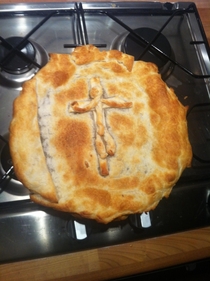 My hungry Dad just learned that when your devout wife makes this for Good Friday dinner DO NOT say He Pied For Our Dins