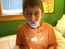 My kid gets his tooth pulled his stepdad runs out of gauze Im stuck at work and get this photo