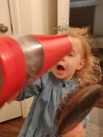 My kid trying to blow dry her hair without help