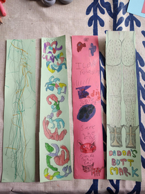 My kids and I decided to make some bookmarks during a wet weekend this week I may have misheard the instructions