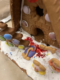 My kids decorated the gingerbread house on their own this year Grandma got eaten by the dog They say they will up the crime scene every year