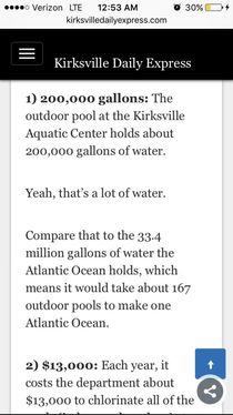 My local news station published an article stating that  swimming pools have the same amount of water as the Atlantic Ocean The literal ocean 