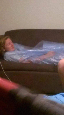My mate got too high and couldnt find a blanket no idea how he found the bubble wrap