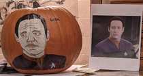 My mom attempted to paint Data from Star Trek on a pumpkin