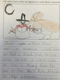 My mom is a first grade teacher one of her students turned this in